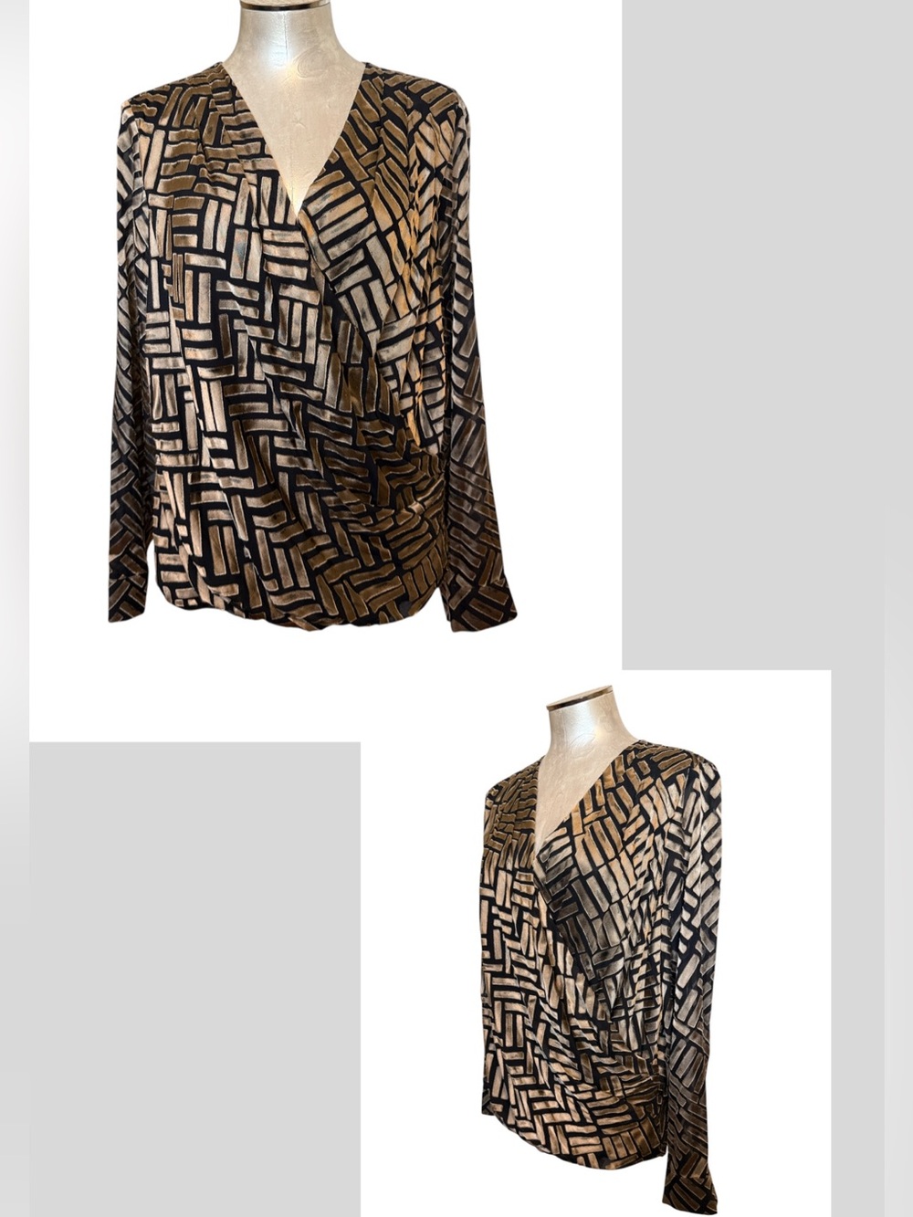 Donna Karan Metallic Gold Geometric Wrap Top Long Sleeve Blouse Medium New